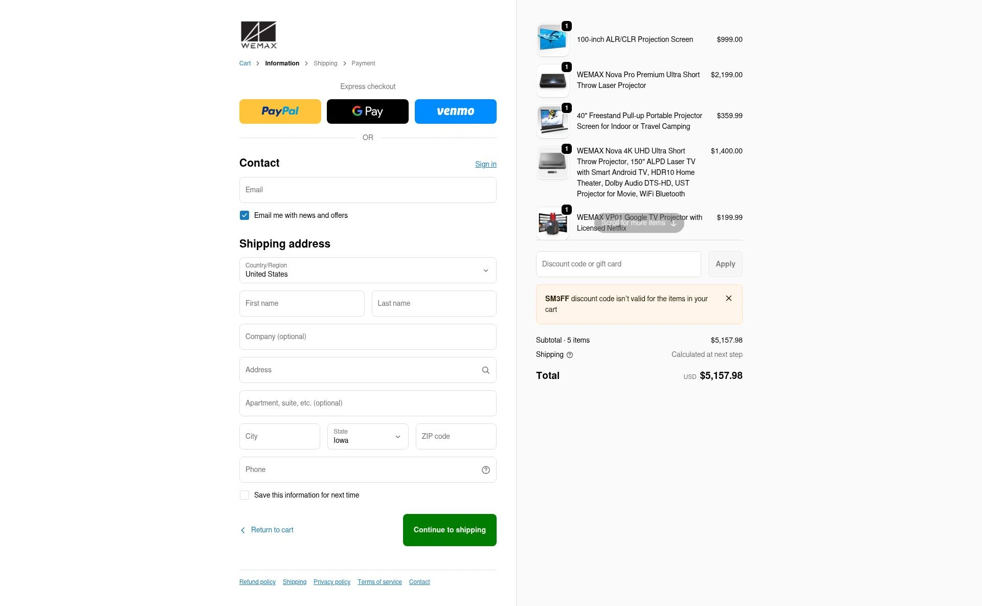 WEMAX checkout page showing WEMAX discount code box | Screenshot taken by SimplyCodes community member on Jan 5, 2026