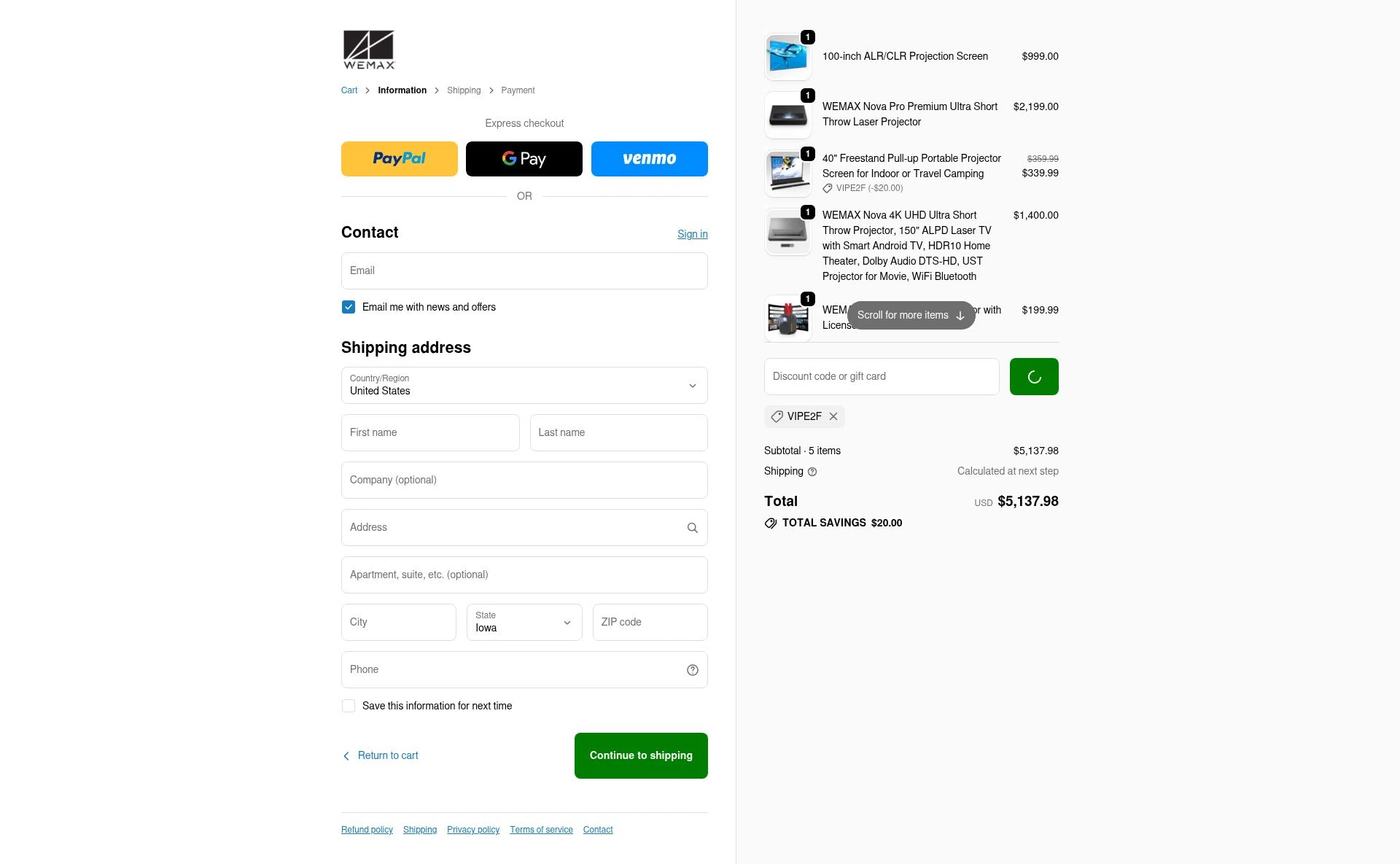 WEMAX checkout page showing WEMAX discount code box | Screenshot taken by SimplyCodes community member on Jan 5, 2026