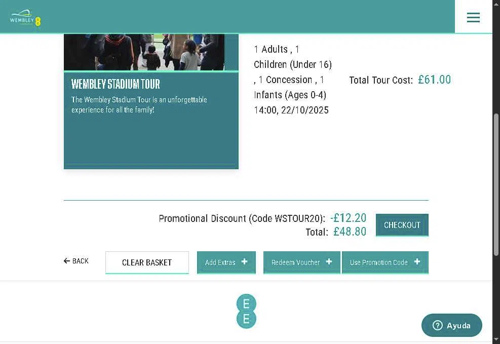 Wembley Stadium Tours checkout page showing Wembley Stadium Tours promo code box | Screenshot taken by SimplyCodes community member on Oct 13, 2025