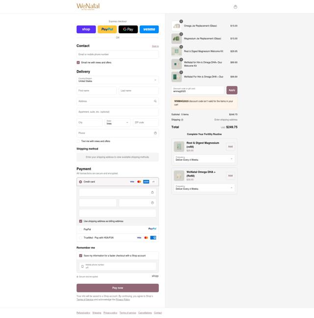 WeNatal checkout page showing WeNatal promo code box | Screenshot taken by SimplyCodes community member on Sep 10, 2025
