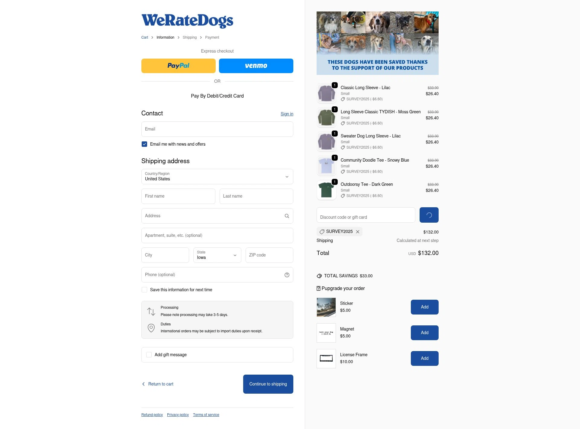 WeRateDogs checkout page showing WeRateDogs promo code box | Screenshot taken by SimplyCodes community member on Feb 20, 2026