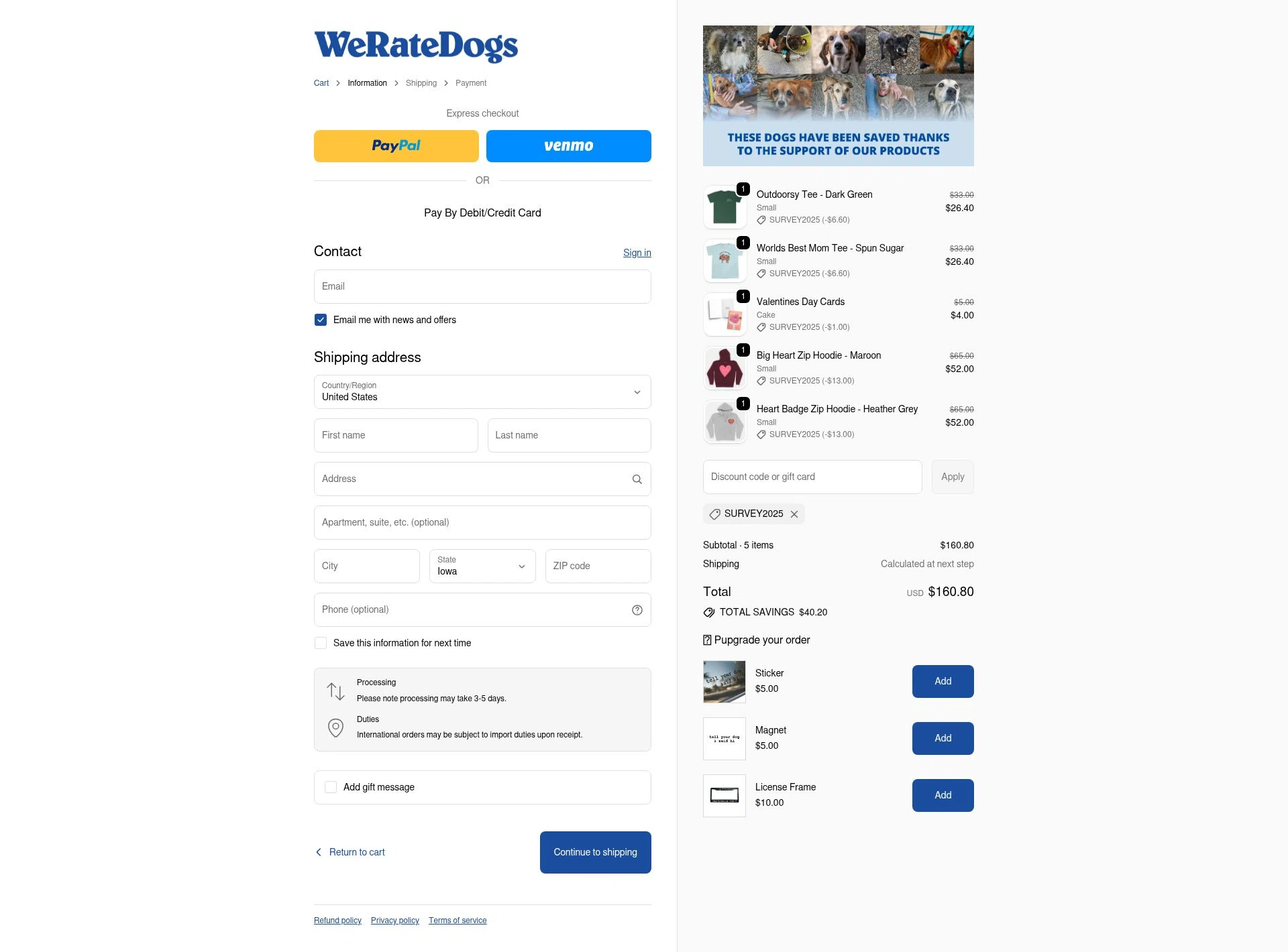 WeRateDogs checkout page showing WeRateDogs promo code box | Screenshot taken by SimplyCodes community member on Feb 7, 2026