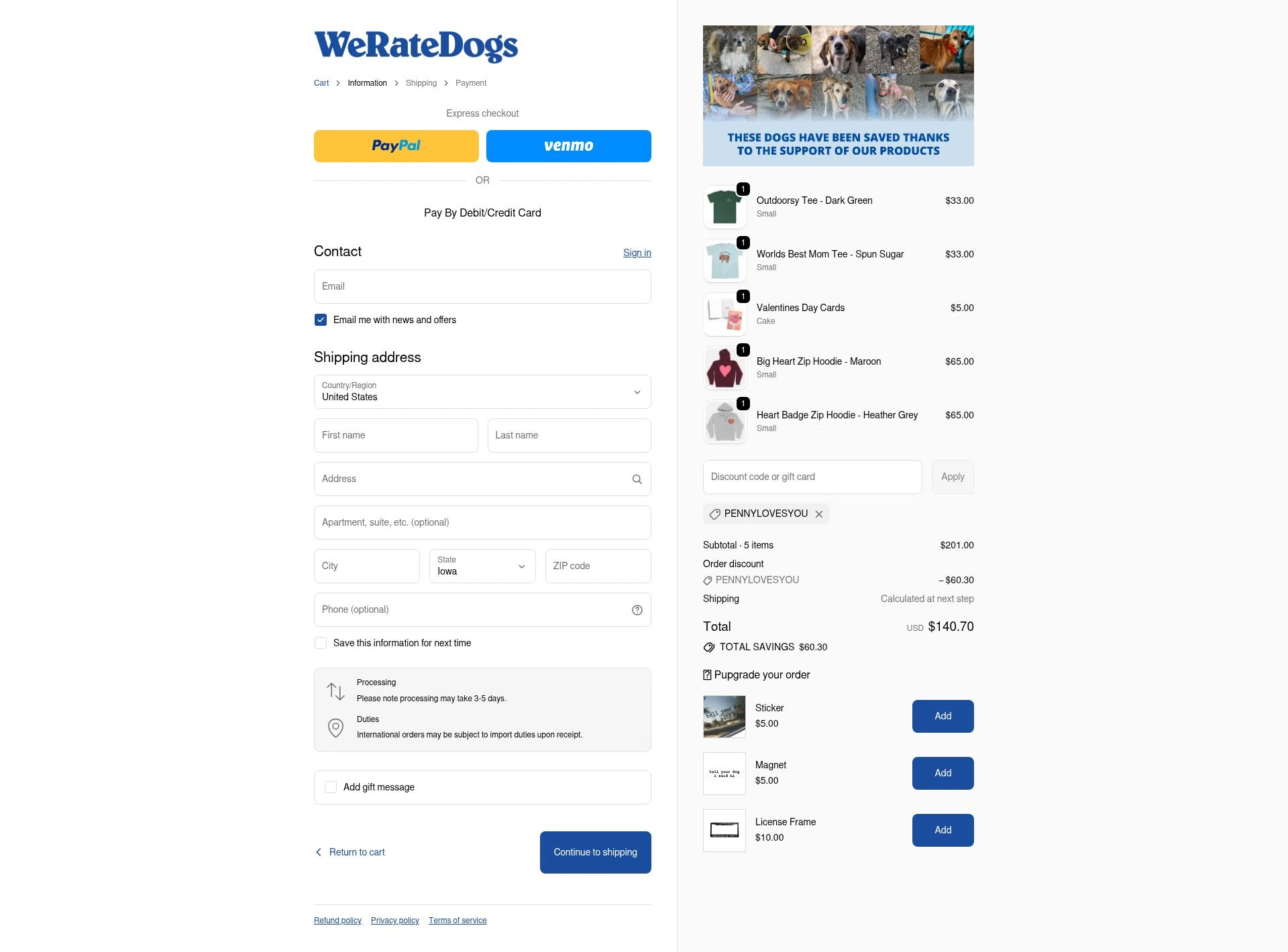 WeRateDogs checkout page showing WeRateDogs promo code box | Screenshot taken by SimplyCodes community member on Feb 15, 2026
