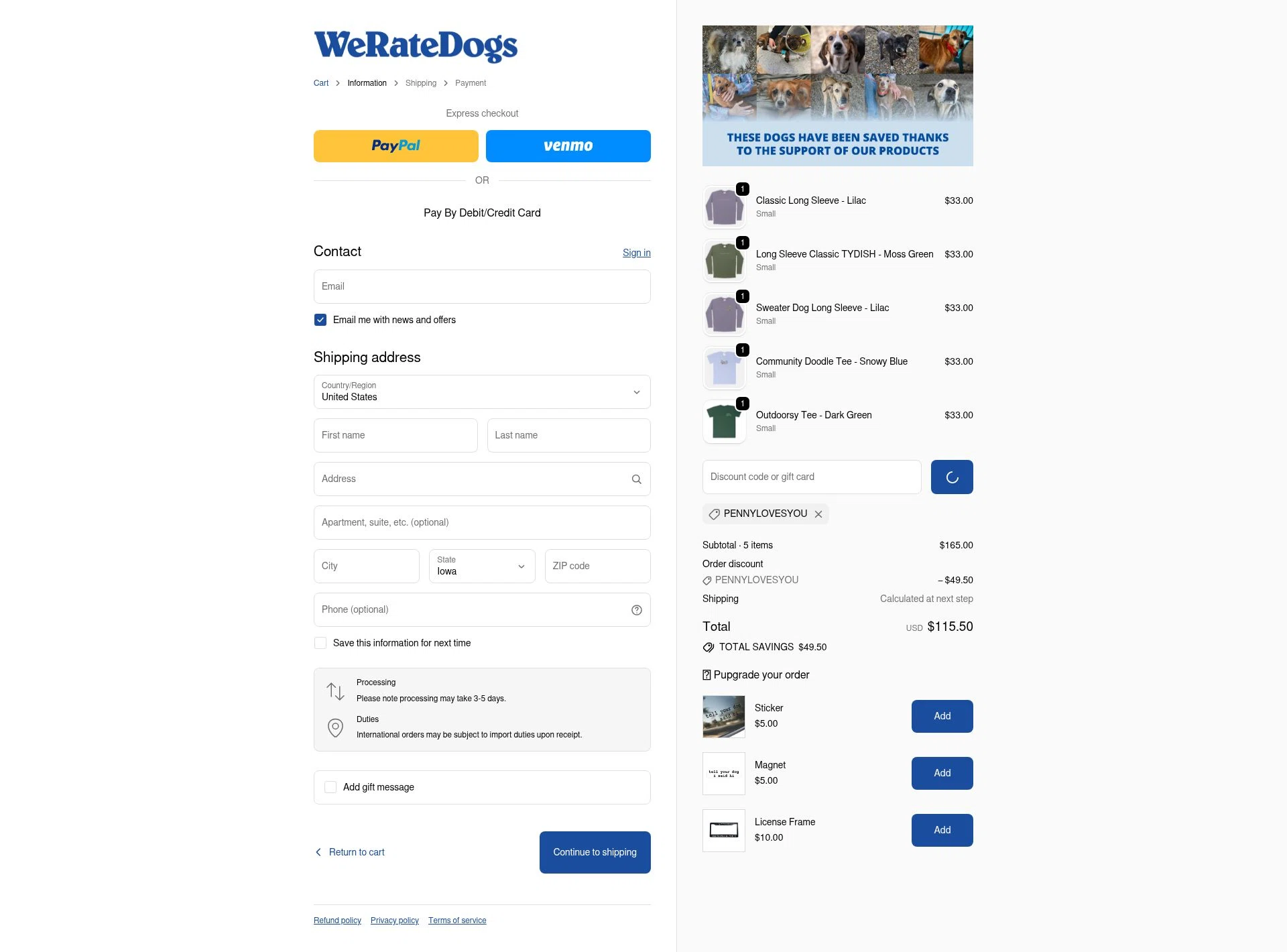 WeRateDogs checkout page showing WeRateDogs promo code box | Screenshot taken by SimplyCodes community member on Feb 20, 2026