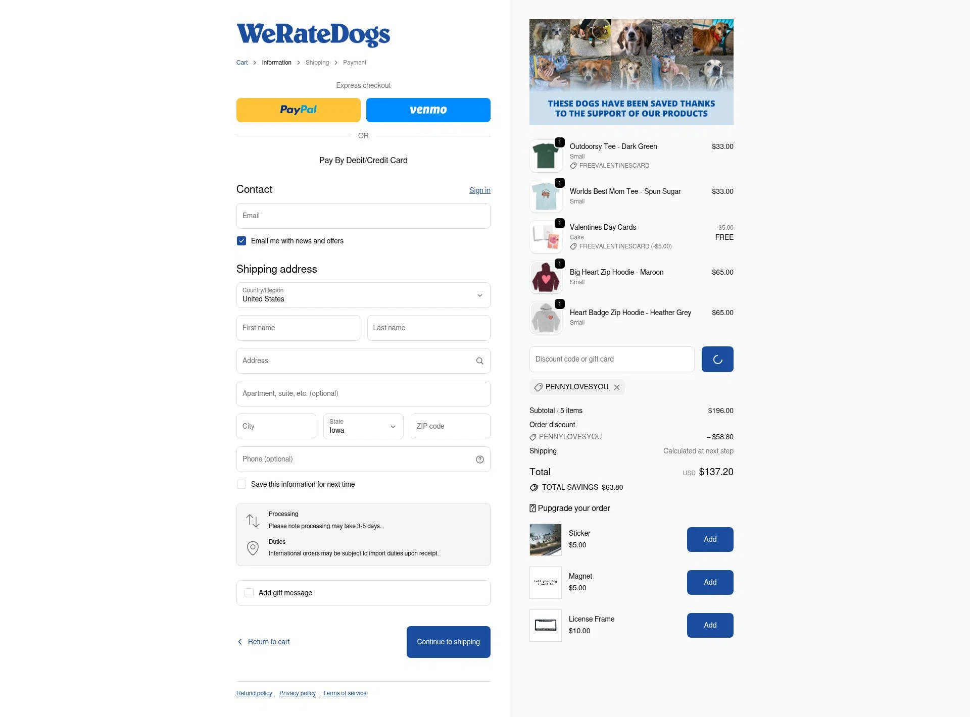 WeRateDogs checkout page showing WeRateDogs promo code box | Screenshot taken by SimplyCodes community member on Feb 7, 2026