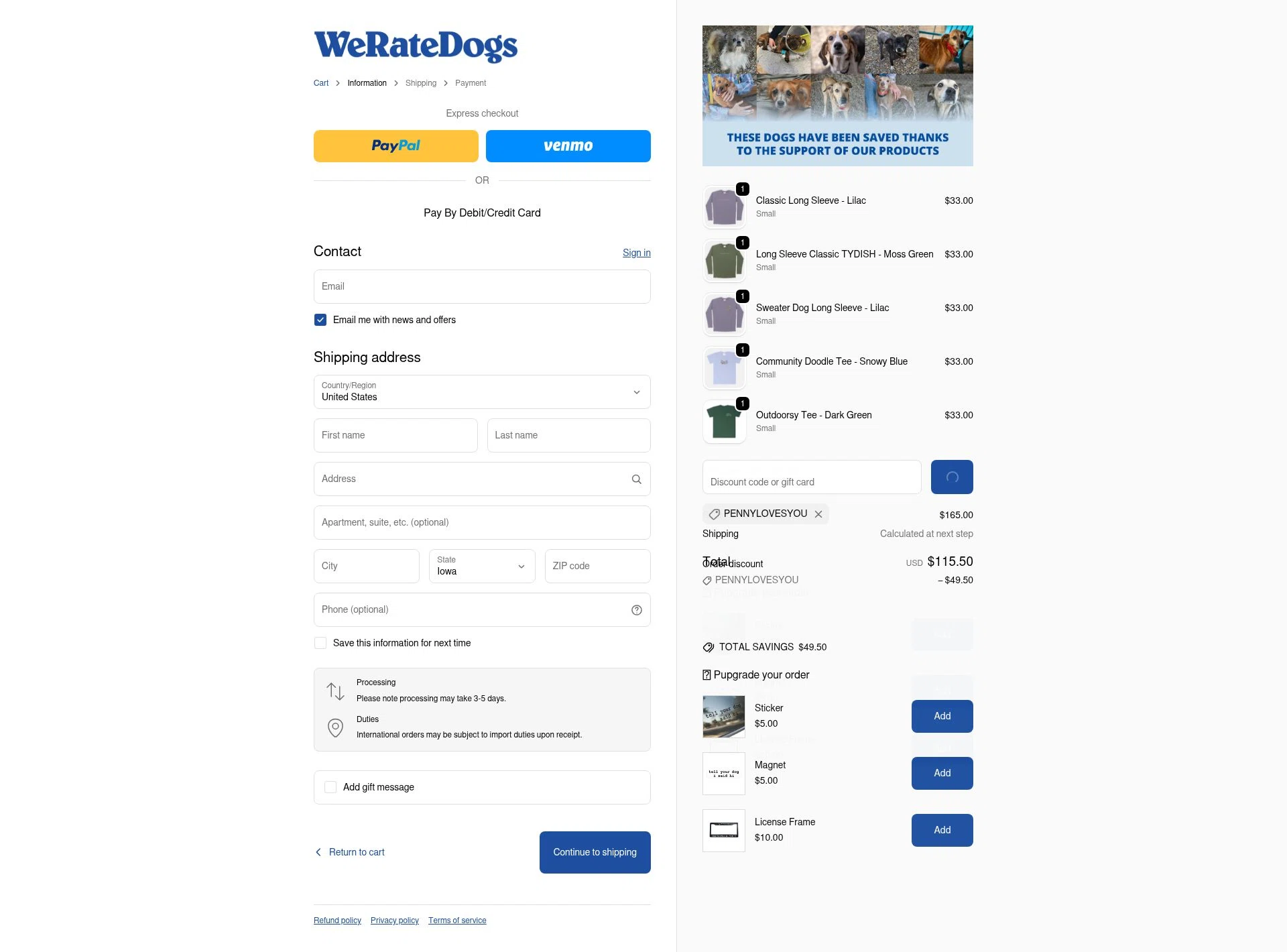 WeRateDogs checkout page showing WeRateDogs promo code box | Screenshot taken by SimplyCodes community member on Feb 20, 2026
