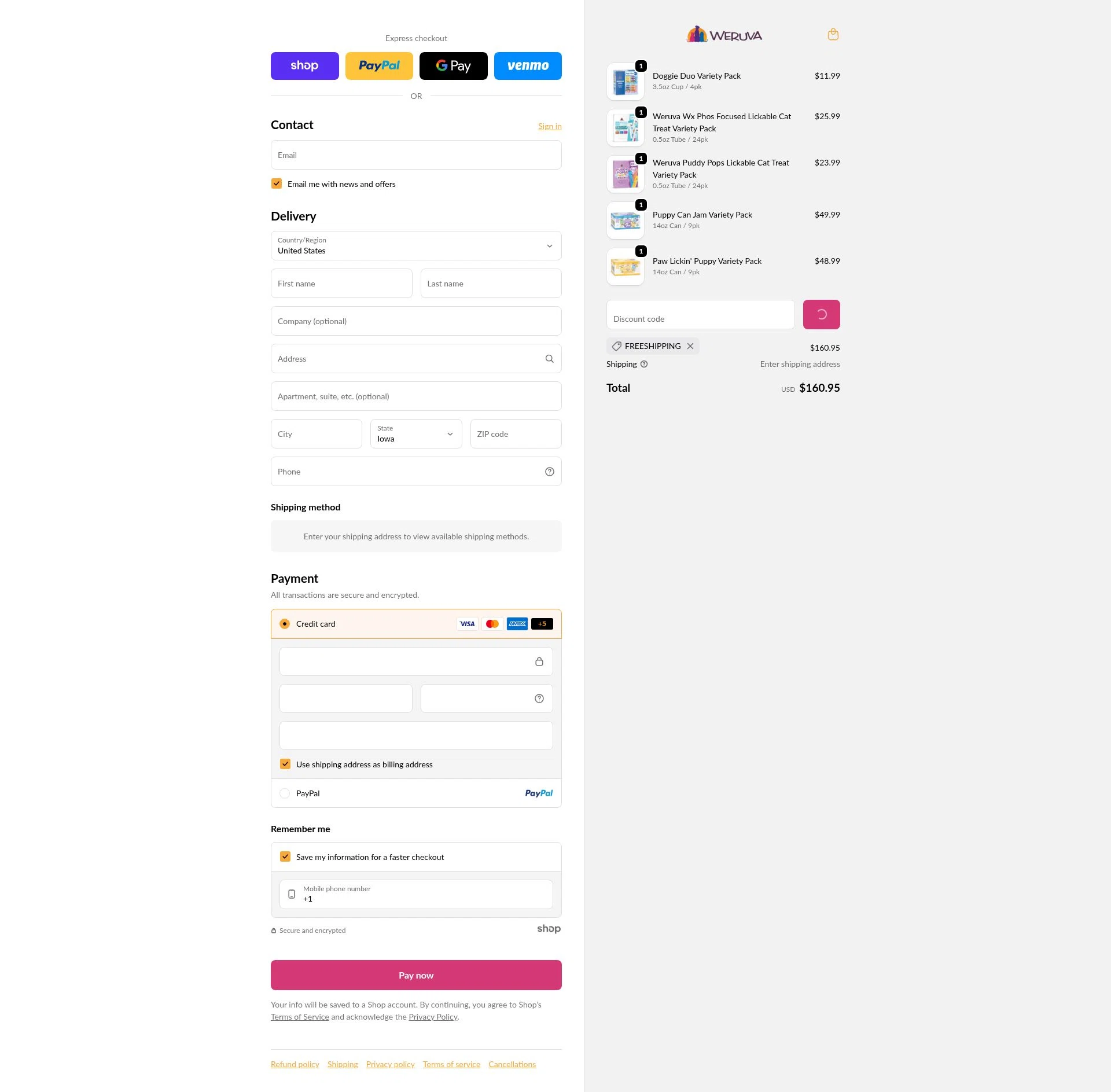 Weruva checkout page showing Weruva discount code box | Screenshot taken by SimplyCodes community member on Jan 30, 2026