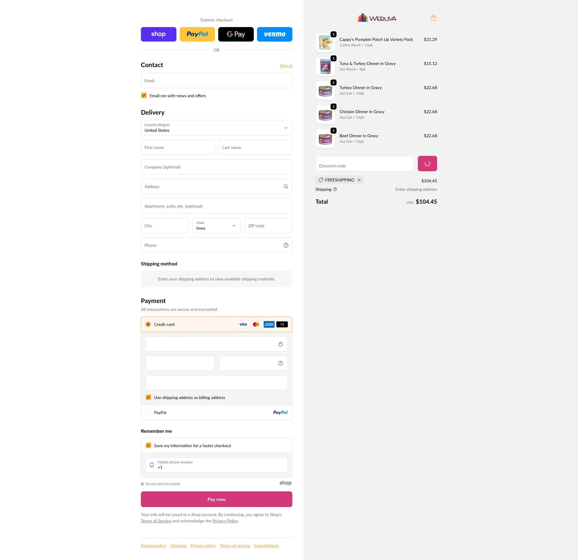 Weruva checkout page showing Weruva discount code box | Screenshot taken by SimplyCodes community member on Dec 22, 2025