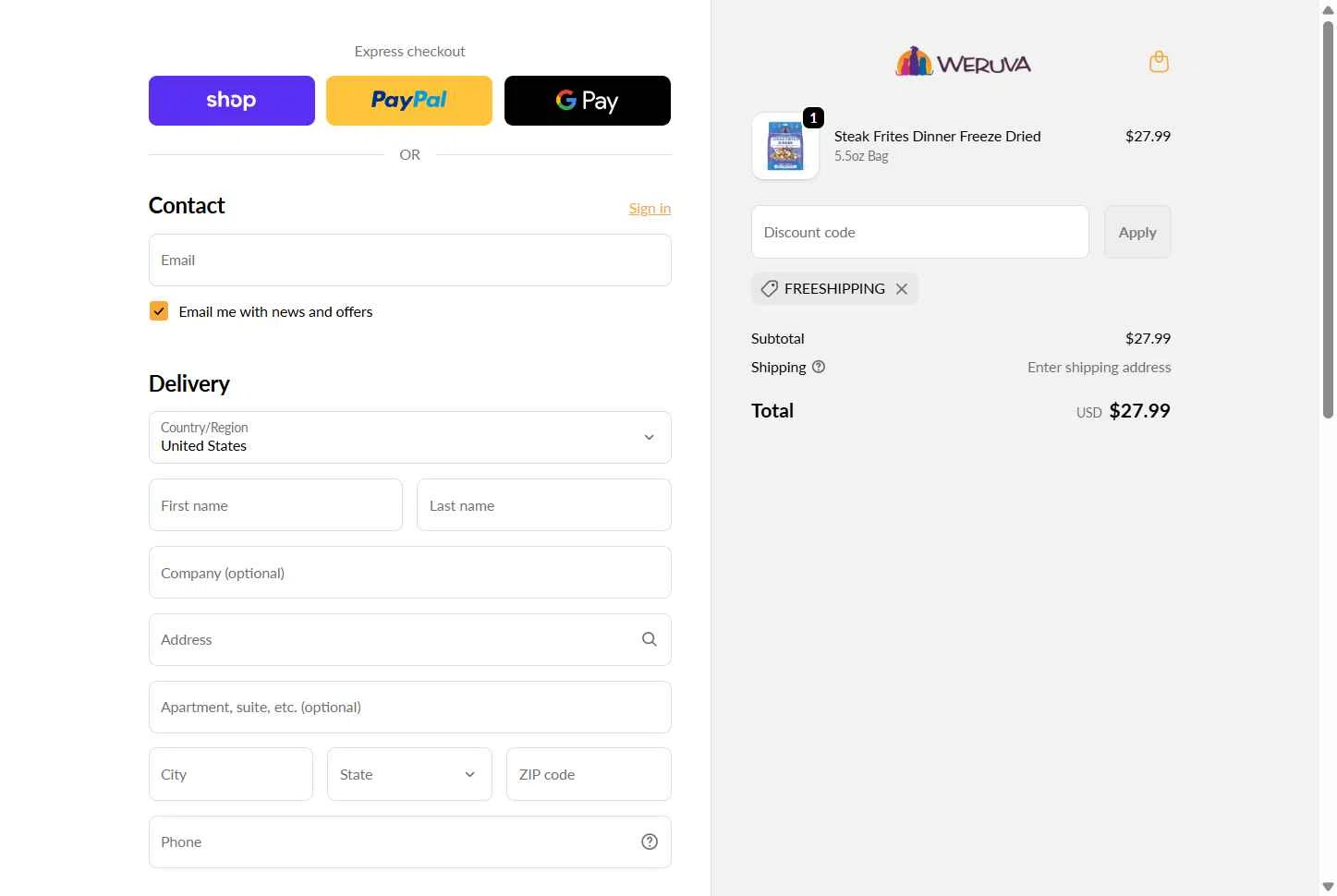 Weruva checkout page showing Weruva discount code box | Screenshot taken by SimplyCodes community member on Nov 29, 2025