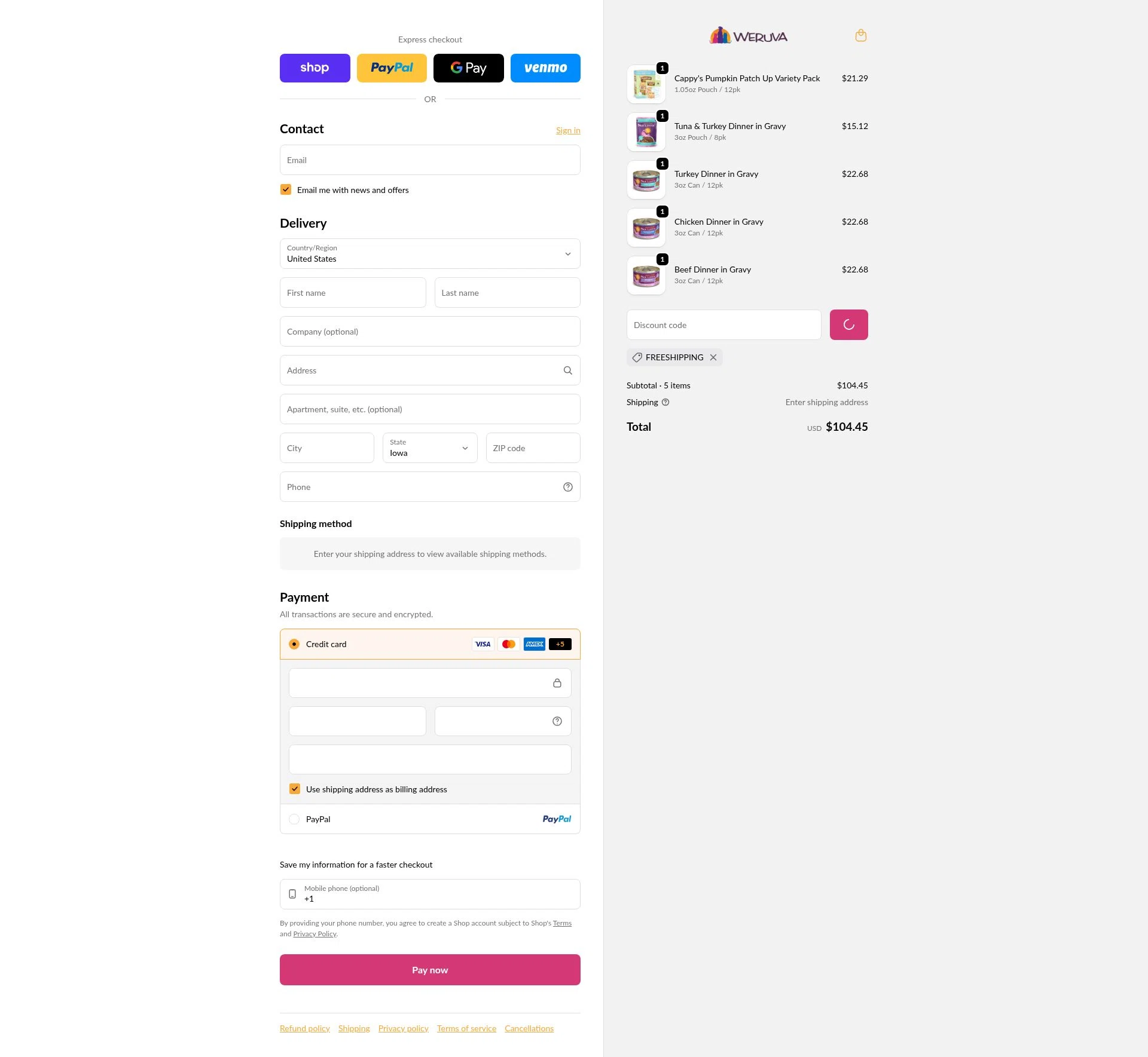Weruva checkout page showing Weruva discount code box | Screenshot taken by SimplyCodes community member on Jan 11, 2026