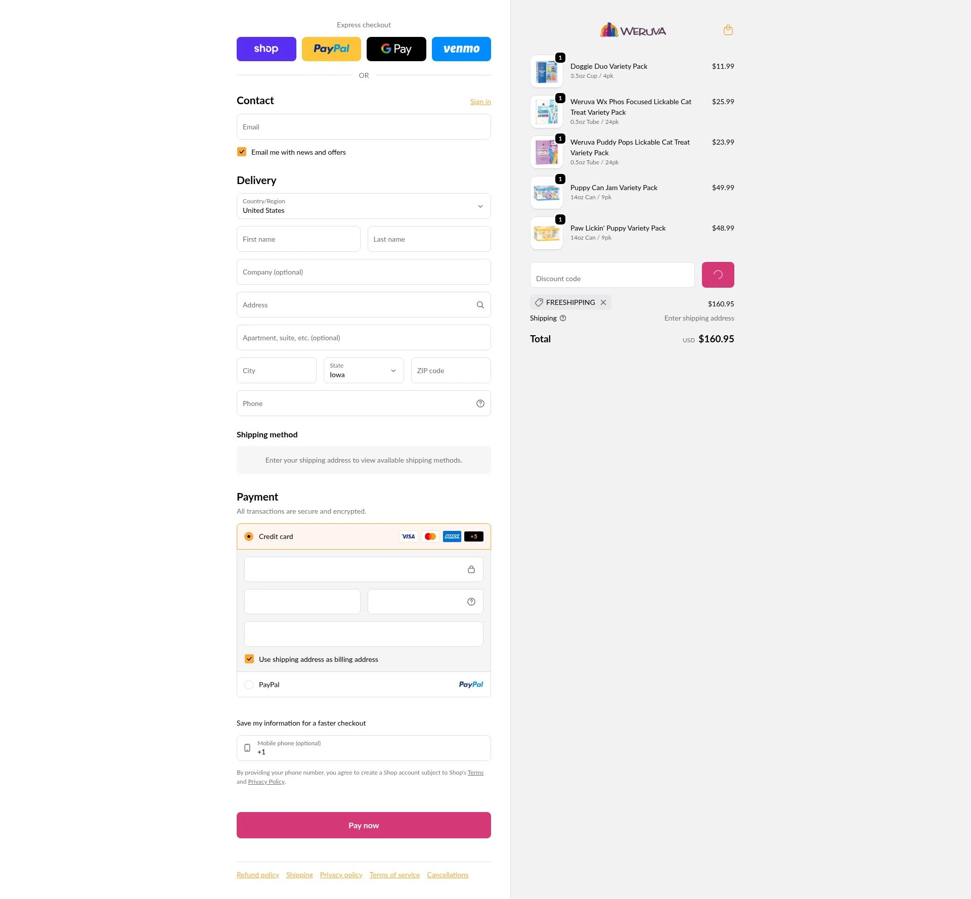 Weruva checkout page showing Weruva discount code box | Screenshot taken by SimplyCodes community member on Feb 3, 2026