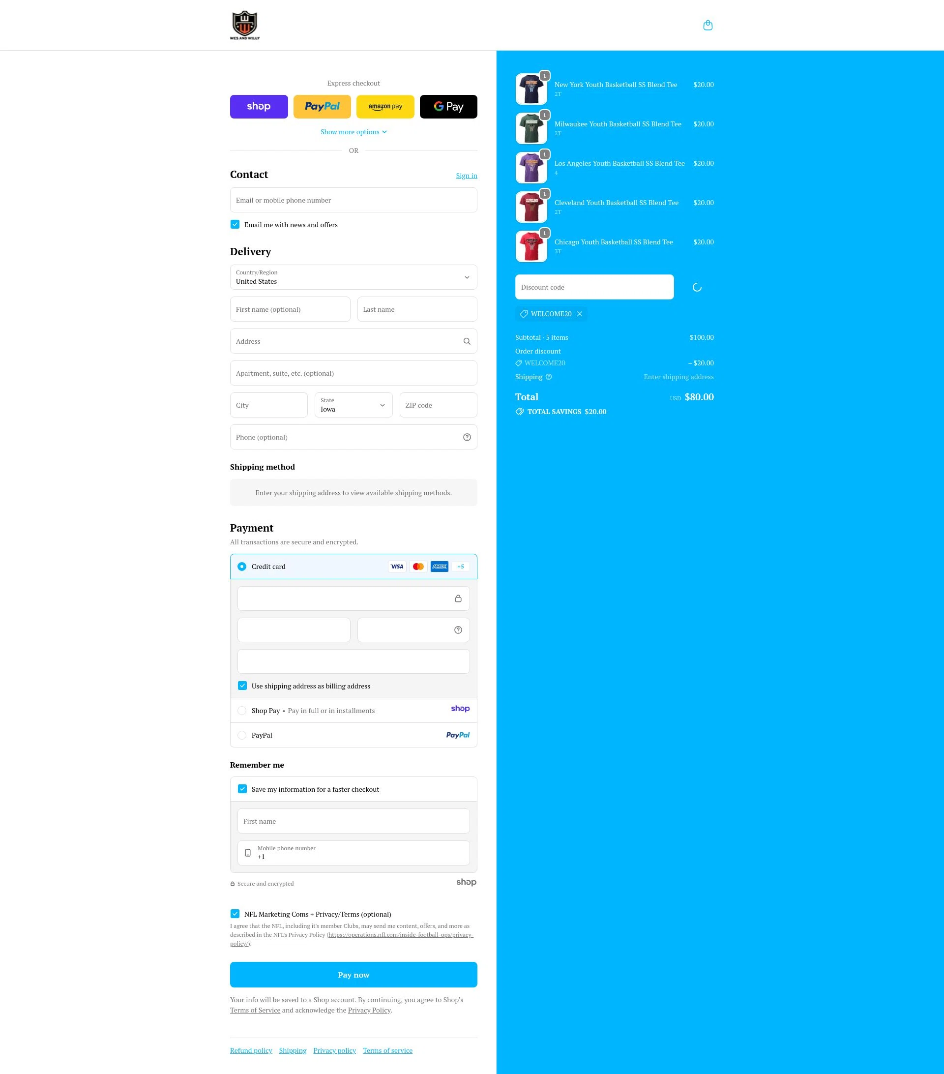Wes and Willy checkout page showing Wes and Willy coupon code box | Screenshot taken by SimplyCodes community member on Jan 5, 2026