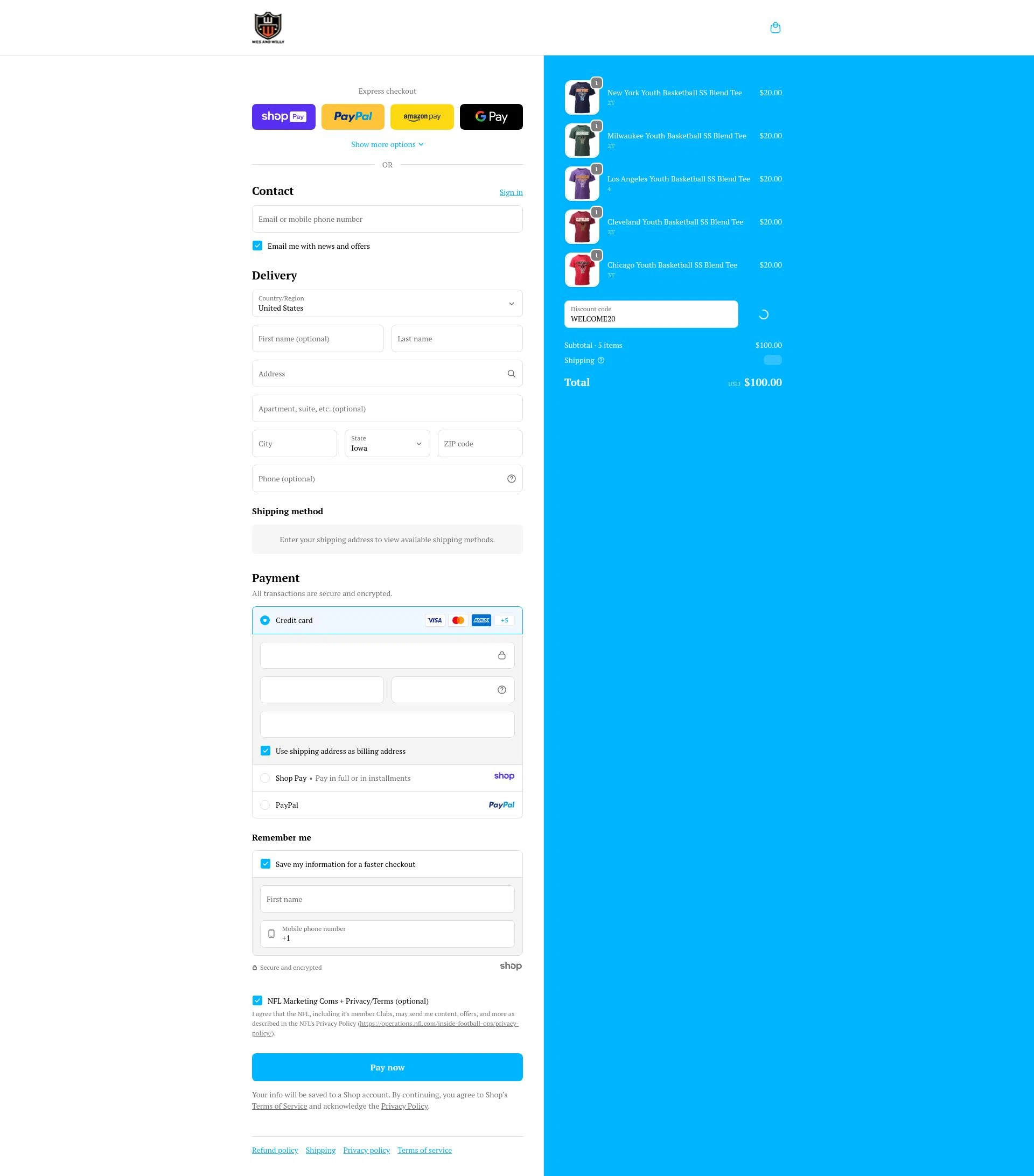 Wes and Willy checkout page showing Wes and Willy coupon code box | Screenshot taken by SimplyCodes community member on Jan 10, 2026