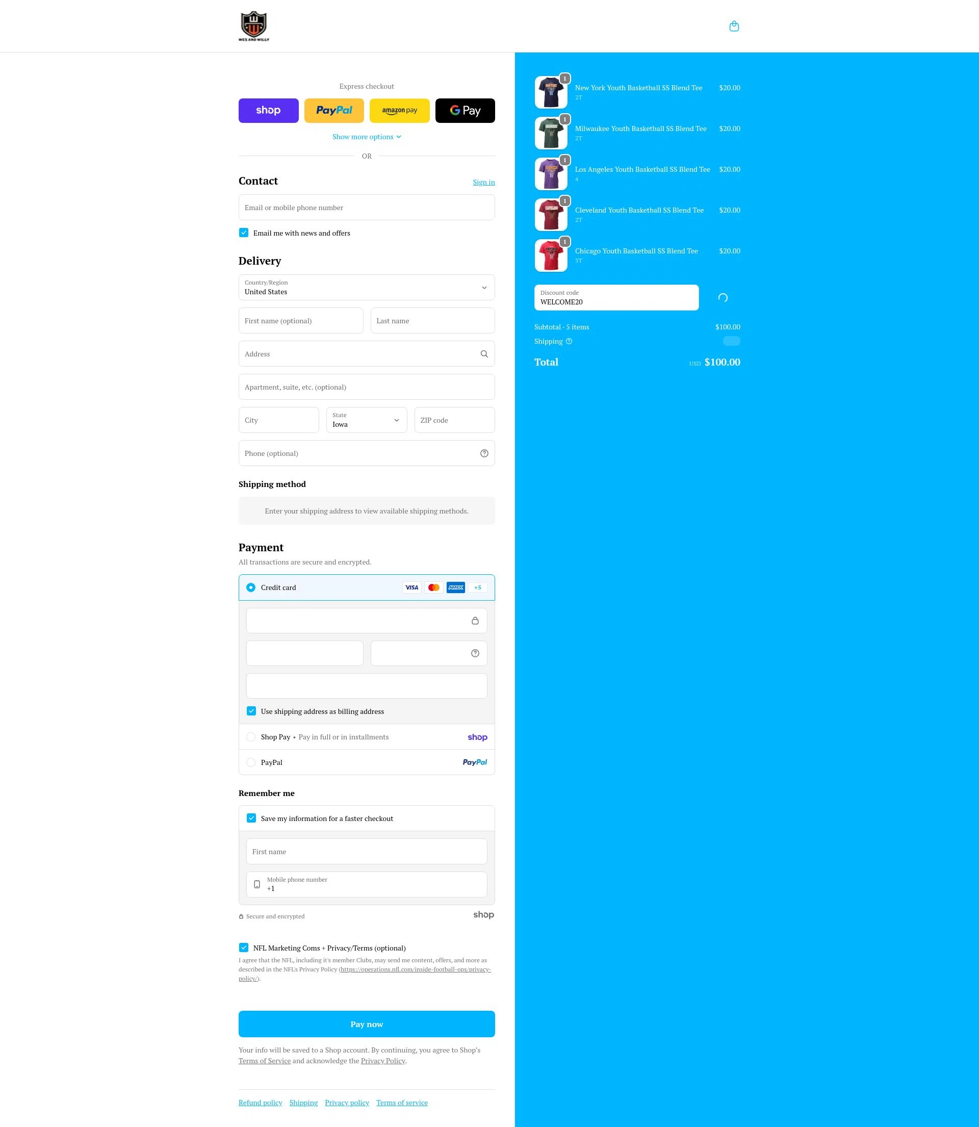 Wes and Willy checkout page showing Wes and Willy coupon code box | Screenshot taken by SimplyCodes community member on Jan 29, 2026