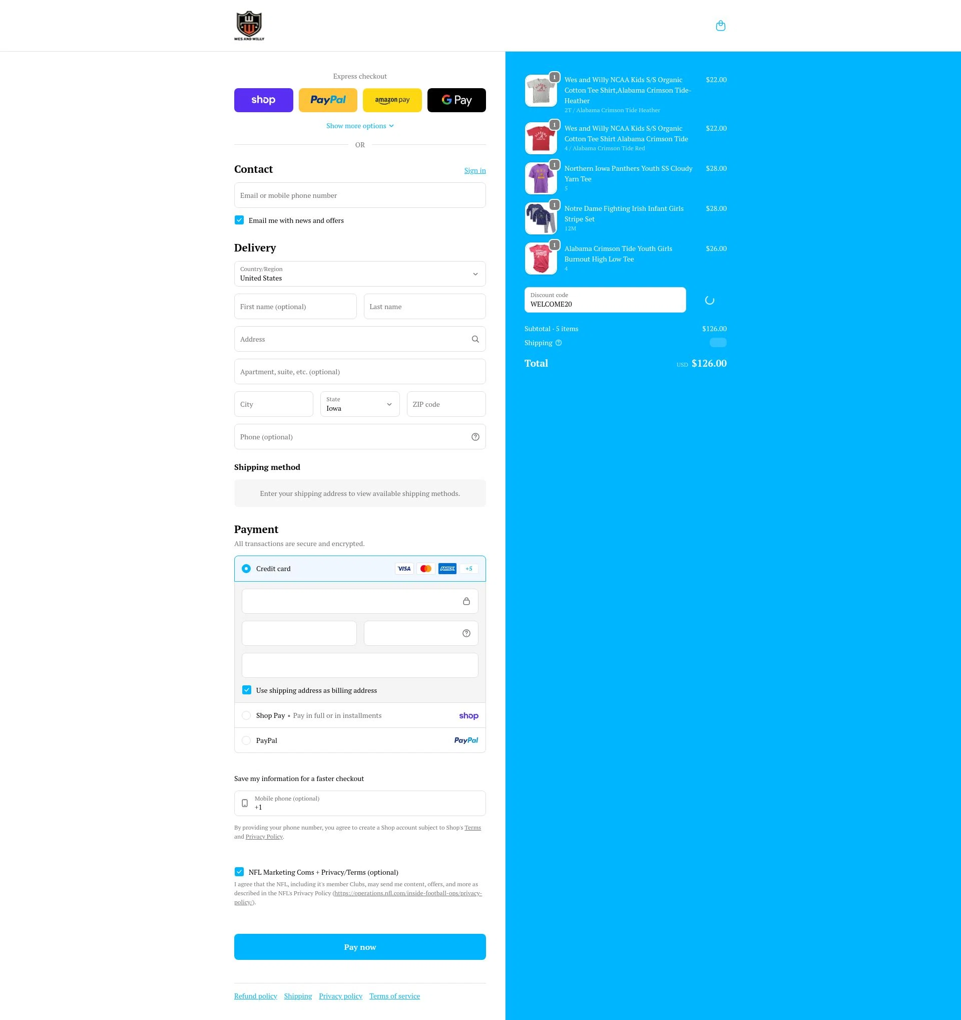 Wes and Willy checkout page showing Wes and Willy coupon code box | Screenshot taken by SimplyCodes community member on Feb 2, 2026
