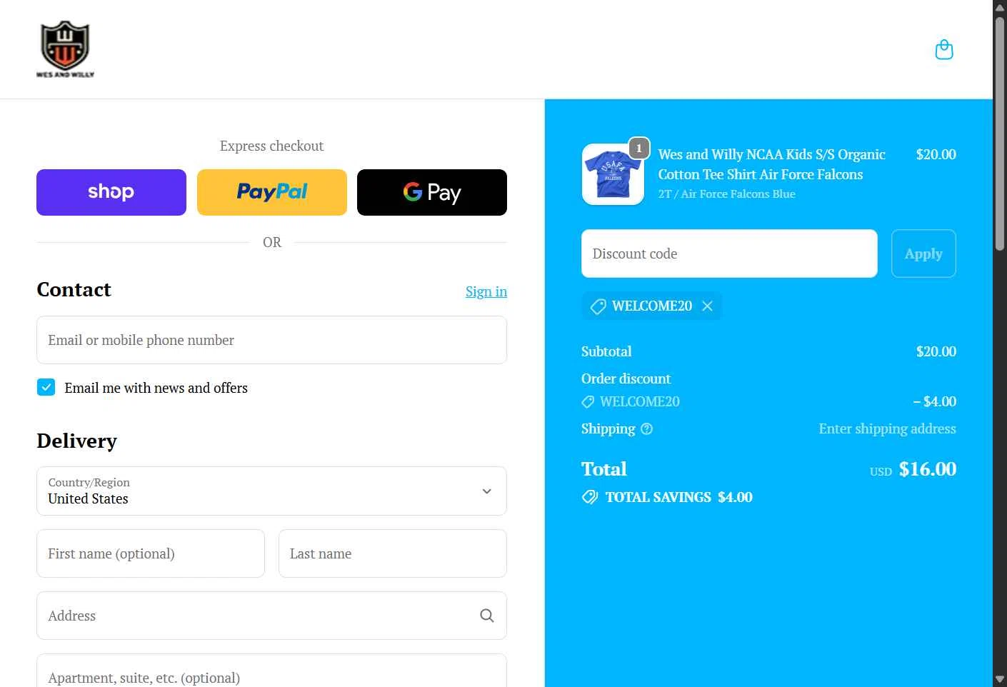 Wes and Willy checkout page showing Wes and Willy coupon code box | Screenshot taken by SimplyCodes community member on Feb 7, 2026