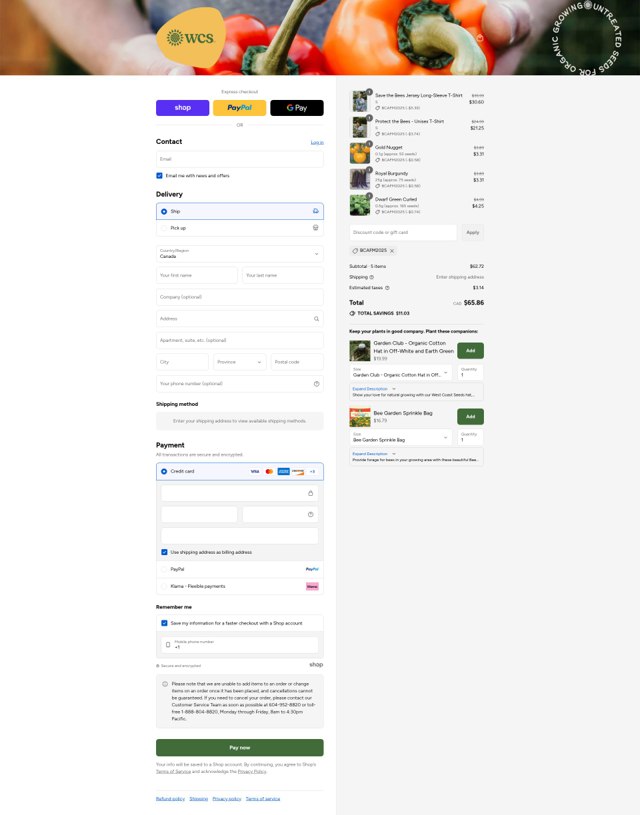 West Coast Seeds checkout page showing West Coast Seeds promo code box | Screenshot taken by SimplyCodes community member on Aug 28, 2025