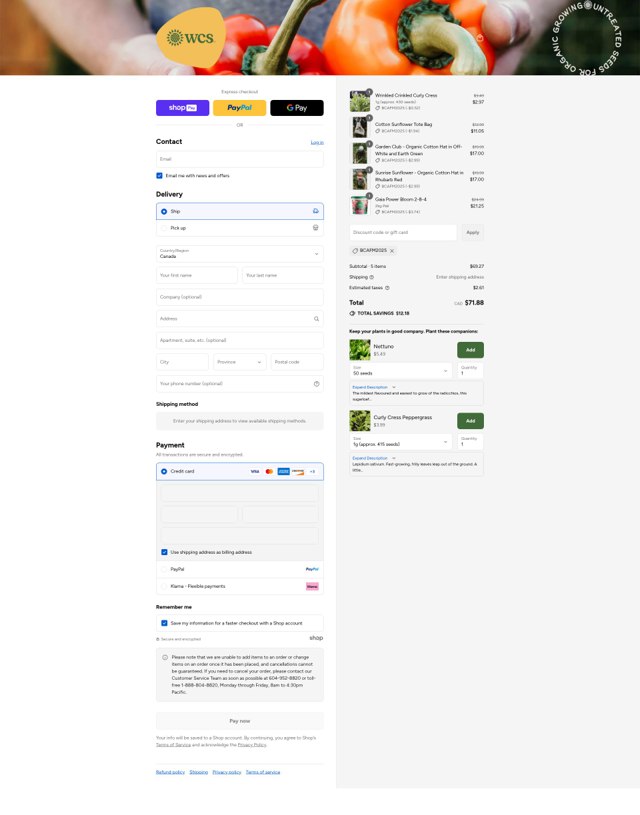 West Coast Seeds checkout page showing West Coast Seeds promo code box | Screenshot taken by SimplyCodes community member on Aug 24, 2025