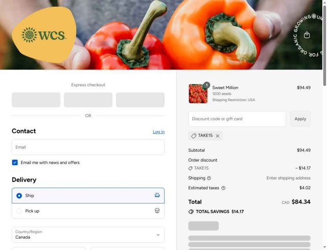 West Coast Seeds checkout page showing West Coast Seeds promo code box | Screenshot taken by SimplyCodes community member on Aug 26, 2025