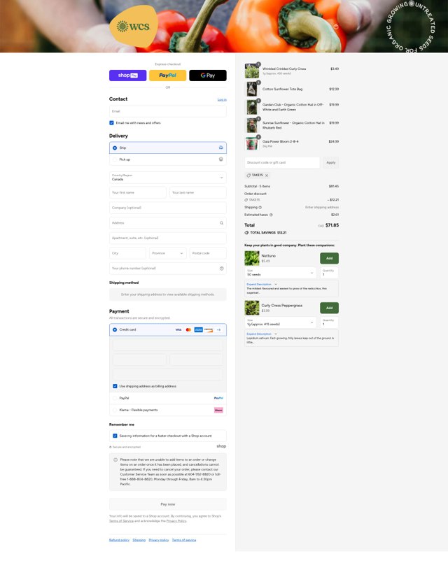 West Coast Seeds checkout page showing West Coast Seeds promo code box | Screenshot taken by SimplyCodes community member on Aug 24, 2025