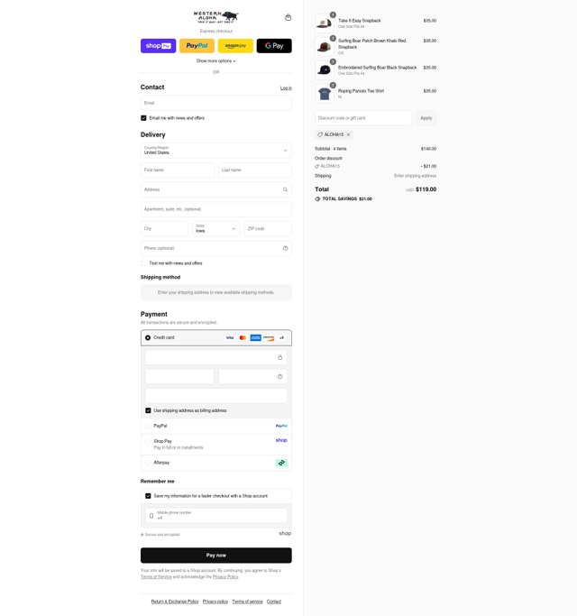 Western Aloha checkout page showing Western Aloha discount code box | Screenshot taken by SimplyCodes community member on Aug 25, 2025