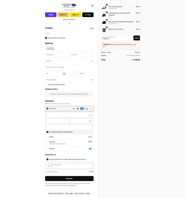 Western Aloha checkout page showing Western Aloha discount code box | Screenshot taken by SimplyCodes community member on Aug 29, 2025