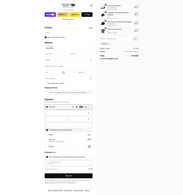 Western Aloha checkout page showing Western Aloha discount code box | Screenshot taken by SimplyCodes community member on Aug 25, 2025