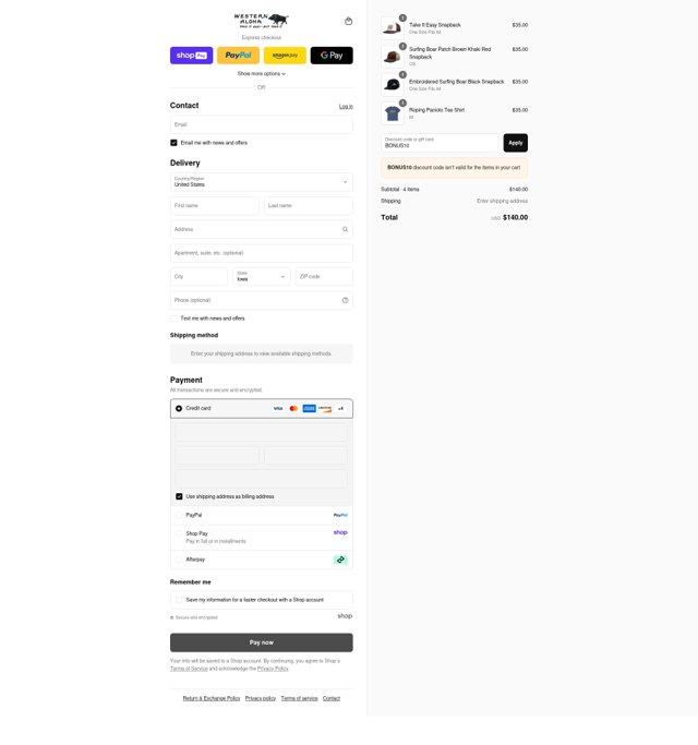 Western Aloha checkout page showing Western Aloha discount code box | Screenshot taken by SimplyCodes community member on Aug 25, 2025