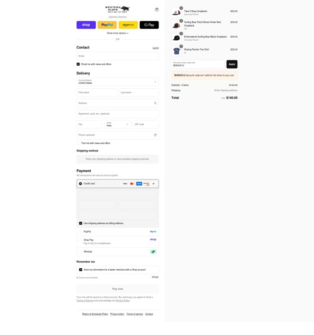 Western Aloha checkout page showing Western Aloha discount code box | Screenshot taken by SimplyCodes community member on Aug 29, 2025