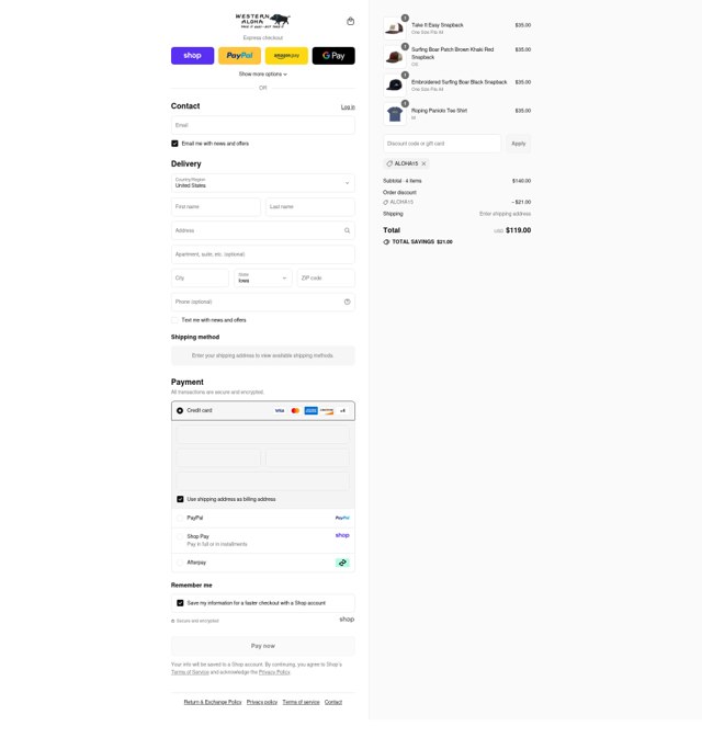 Western Aloha checkout page showing Western Aloha discount code box | Screenshot taken by SimplyCodes community member on Aug 29, 2025