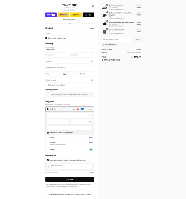 Western Aloha checkout page showing Western Aloha discount code box | Screenshot taken by SimplyCodes community member on Aug 25, 2025