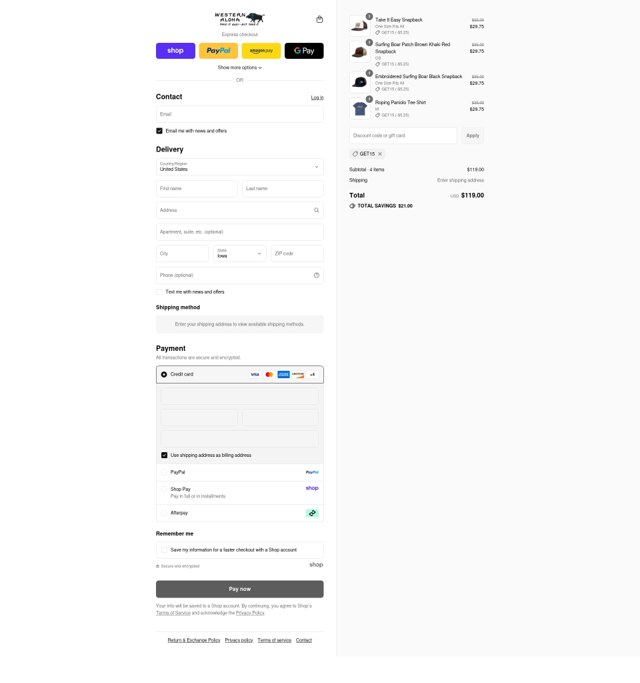 Western Aloha checkout page showing Western Aloha discount code box | Screenshot taken by SimplyCodes community member on Aug 29, 2025