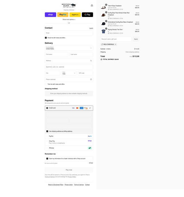 Western Aloha checkout page showing Western Aloha discount code box | Screenshot taken by SimplyCodes community member on Aug 29, 2025