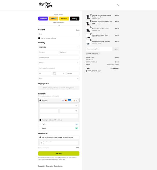Western Chief checkout page showing Western Chief coupon code box | Screenshot taken by SimplyCodes community member on Aug 13, 2025