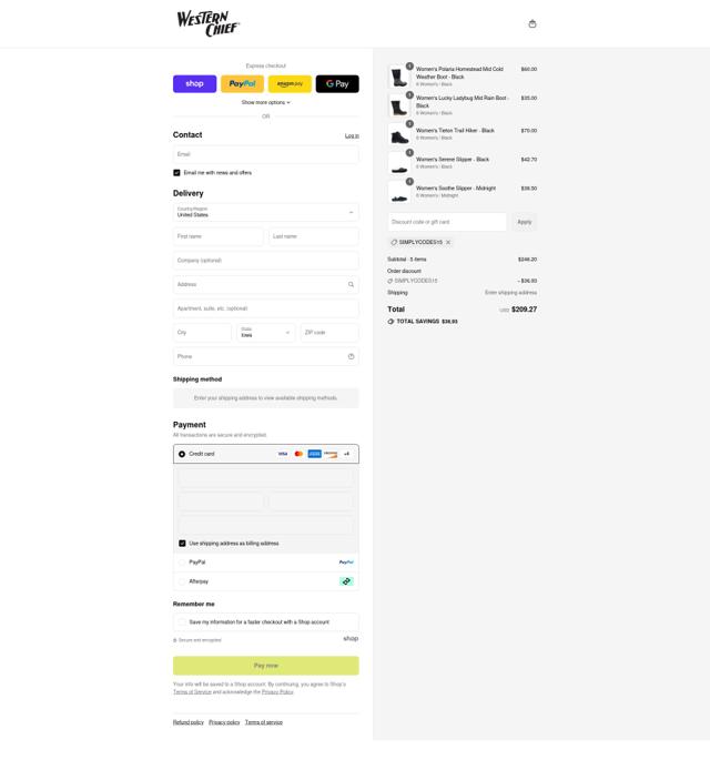 Western Chief checkout page showing Western Chief coupon code box | Screenshot taken by SimplyCodes community member on Sep 4, 2025