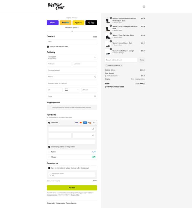 Western Chief checkout page showing Western Chief coupon code box | Screenshot taken by SimplyCodes community member on Aug 31, 2025