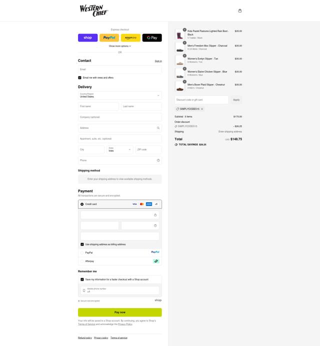 Western Chief checkout page showing Western Chief coupon code box | Screenshot taken by SimplyCodes community member on Sep 12, 2025