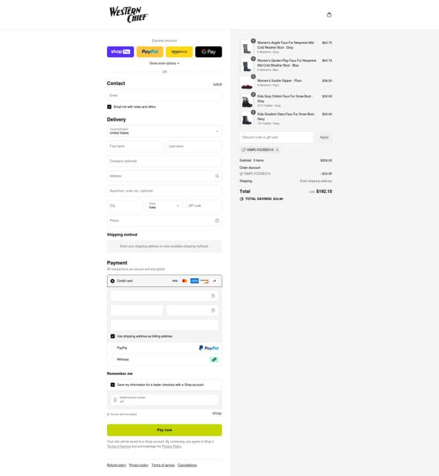 Western Chief checkout page showing Western Chief coupon code box | Screenshot taken by SimplyCodes community member on Aug 5, 2025