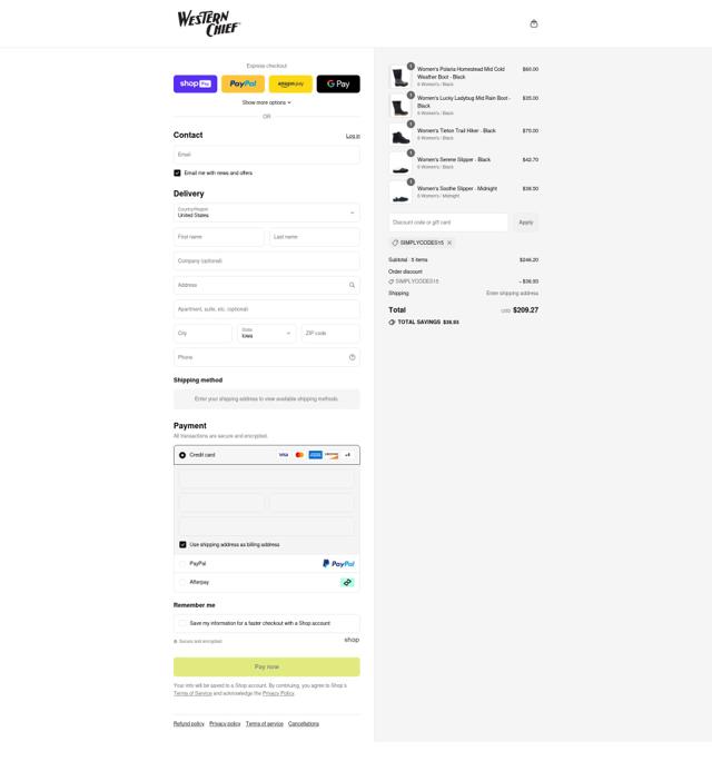 Western Chief checkout page showing Western Chief coupon code box | Screenshot taken by SimplyCodes community member on Aug 9, 2025