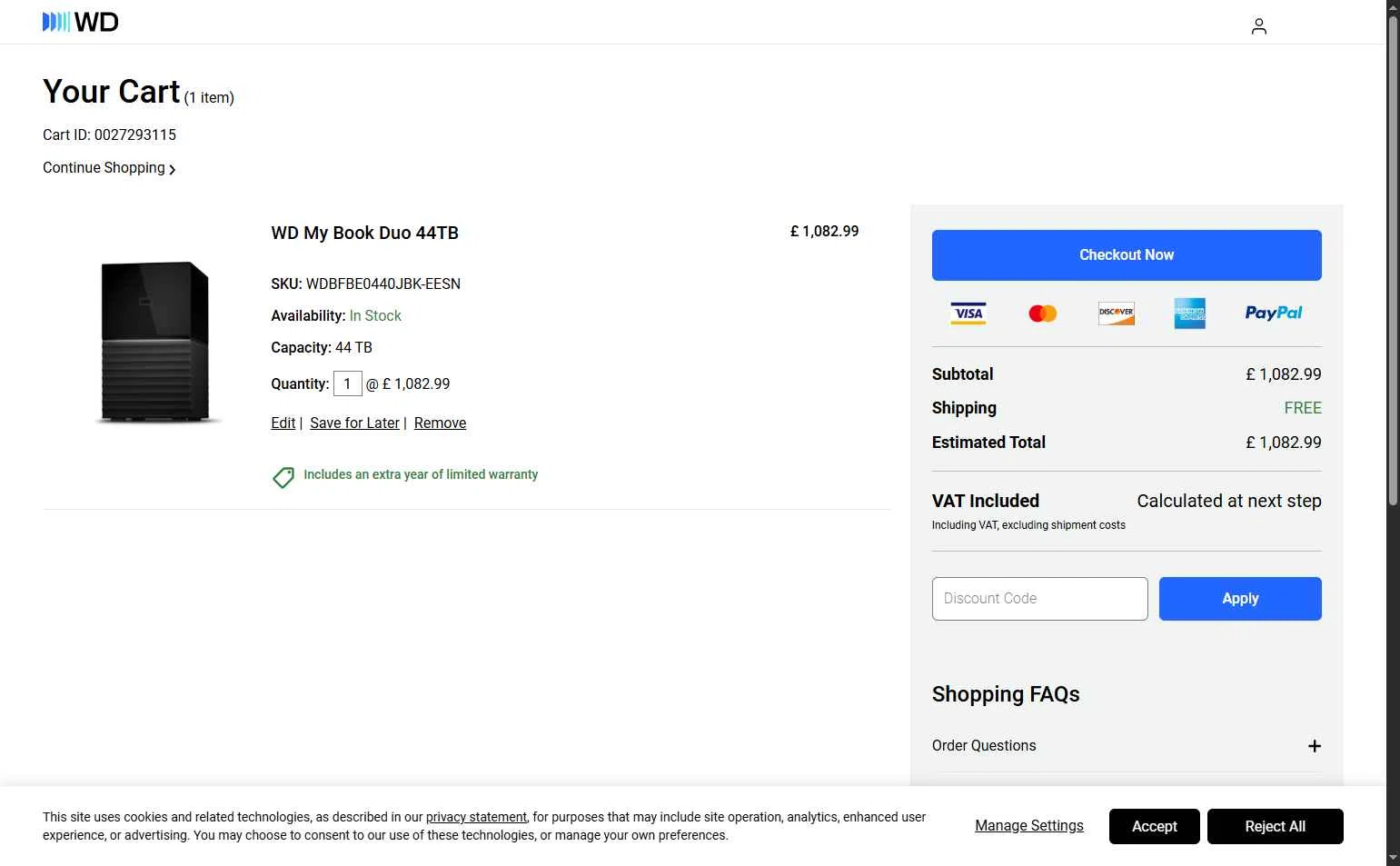 Western Digital UK checkout page showing Western Digital UK discount code box | Screenshot taken by SimplyCodes community member on Feb 5, 2026