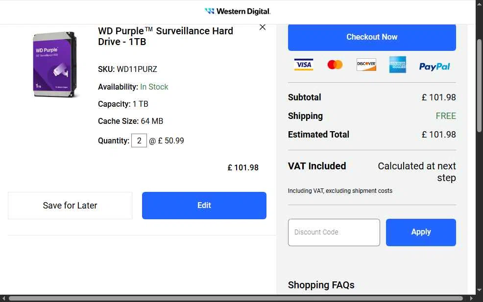 Western Digital UK checkout page showing Western Digital UK discount code box | Screenshot taken by SimplyCodes community member on Aug 8, 2025