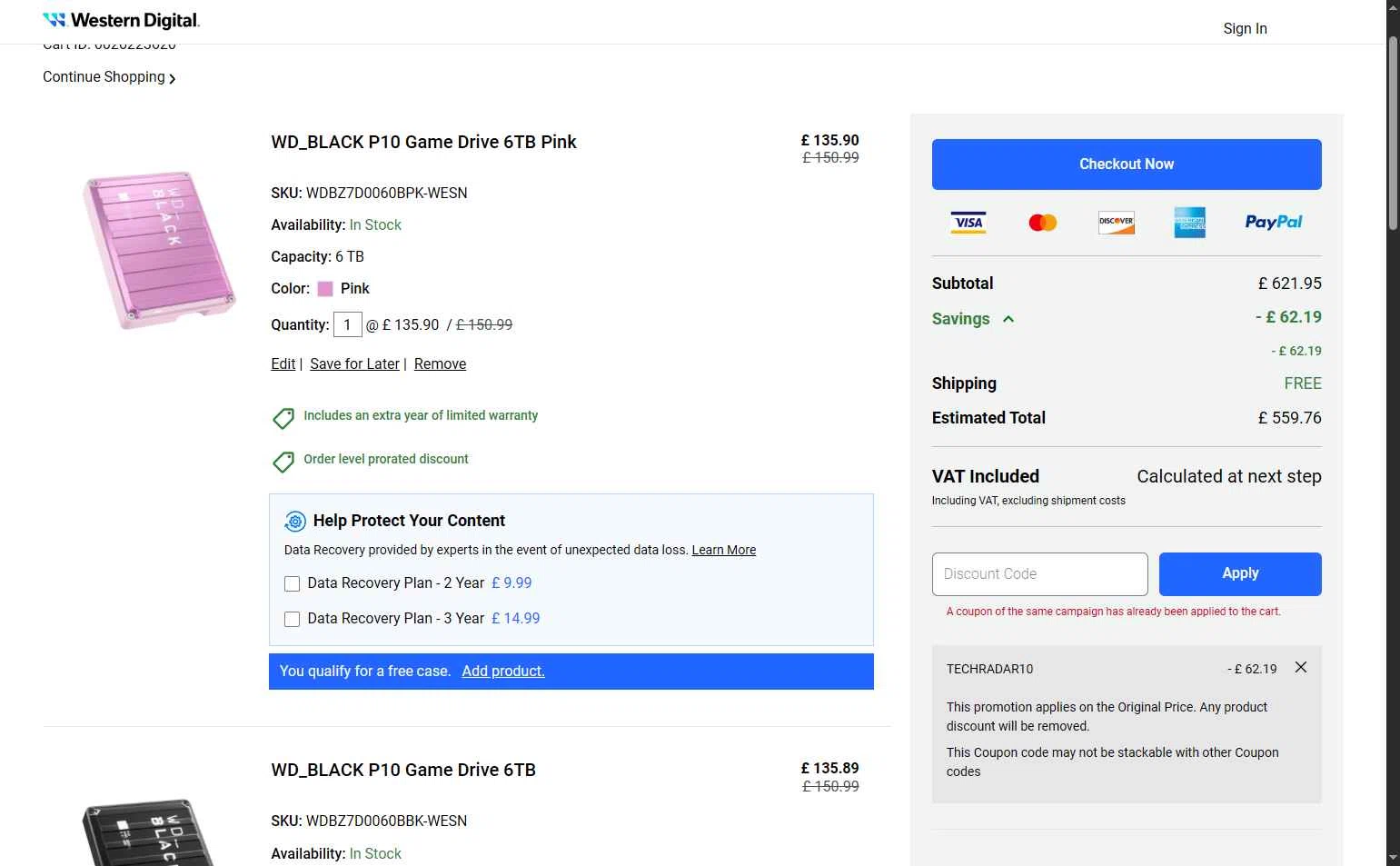 Western Digital UK checkout page showing Western Digital UK discount code box | Screenshot taken by SimplyCodes community member on Nov 16, 2025