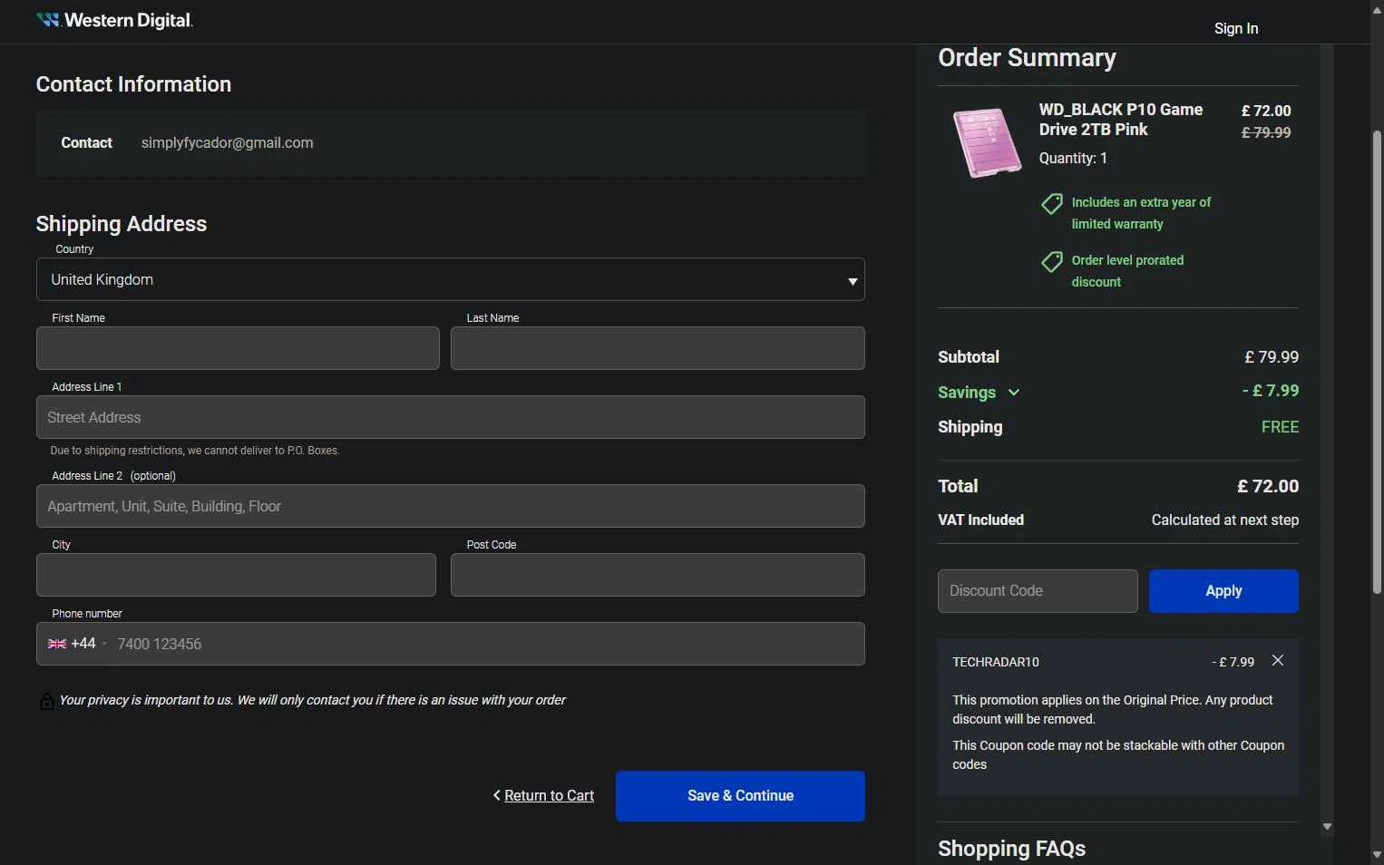 Western Digital UK checkout page showing Western Digital UK discount code box | Screenshot taken by SimplyCodes community member on Sep 14, 2025