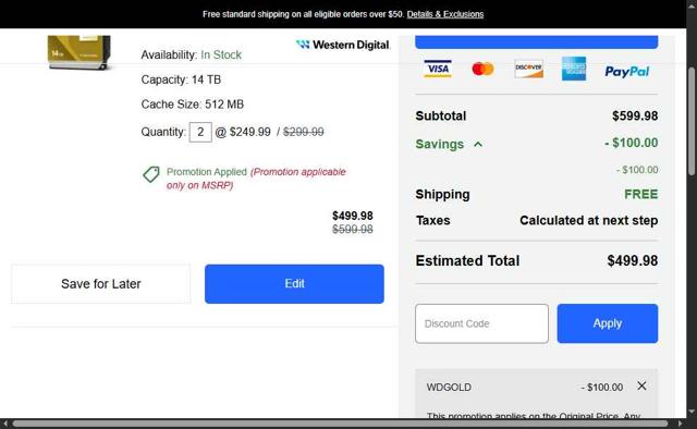 Western Digital checkout page showing Western Digital promo code box | Screenshot taken by SimplyCodes community member on Aug 1, 2025