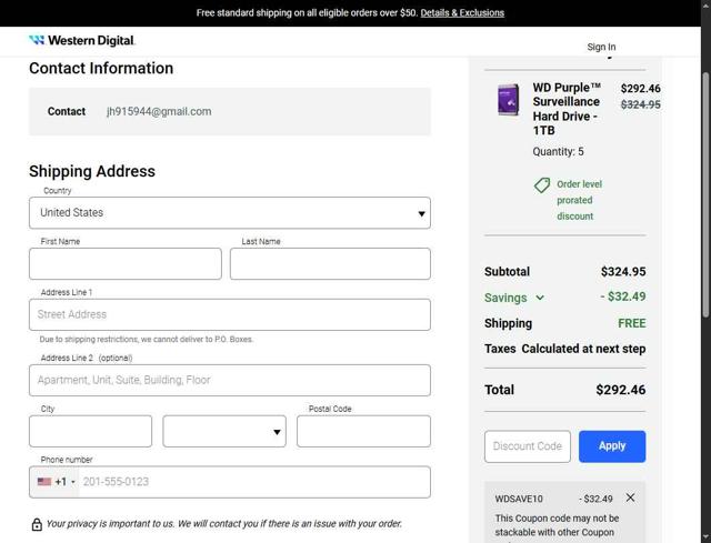 Western Digital checkout page showing Western Digital promo code box | Screenshot taken by SimplyCodes community member on Sep 15, 2025