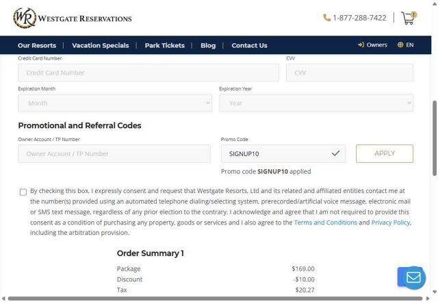Westgate Resorts checkout page showing Westgate Resorts promo code box | Screenshot taken by SimplyCodes community member on Jul 9, 2025