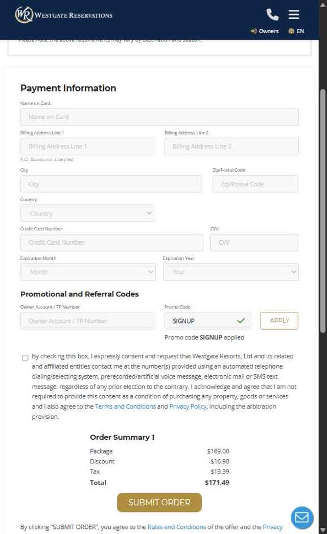 Westgate Resorts checkout page showing Westgate Resorts promo code box | Screenshot taken by SimplyCodes community member on Jul 9, 2025