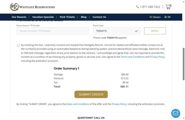 Westgate Resorts checkout page showing Westgate Resorts promo code box | Screenshot taken by SimplyCodes community member on Jul 14, 2025