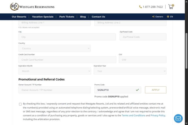 Westgate Resorts checkout page showing Westgate Resorts promo code box | Screenshot taken by SimplyCodes community member on Jul 9, 2025