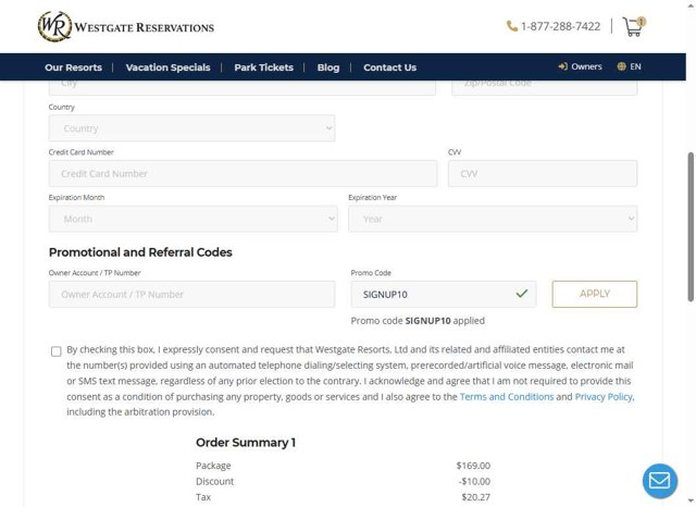 Westgate Resorts checkout page showing Westgate Resorts promo code box | Screenshot taken by SimplyCodes community member on Jul 9, 2025